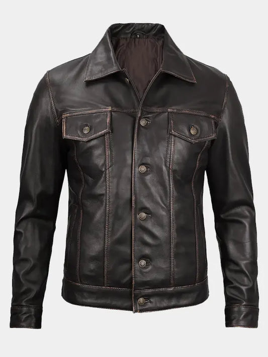 Mens Dark Brown Distressed Leather Trucker Jacket