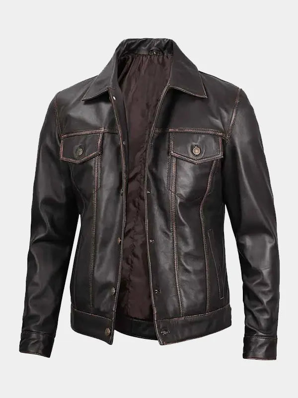 Mens Dark Brown Leather Trucker Jacket