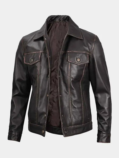 Mens Dark Brown Leather Trucker Jacket