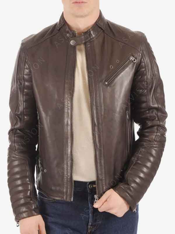 Mens Dark Brown Padded Sleeves Cafe Racer Hooded Leather Jacket