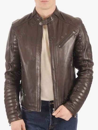 Mens Dark Brown Padded Sleeves Cafe Racer Hooded Leather Jacket