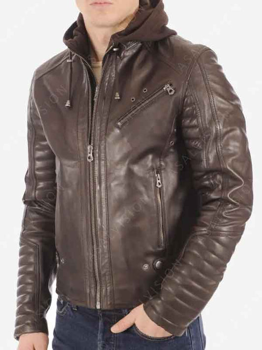 Mens Dark Brown Padded Sleeves Hooded Leather Jacket