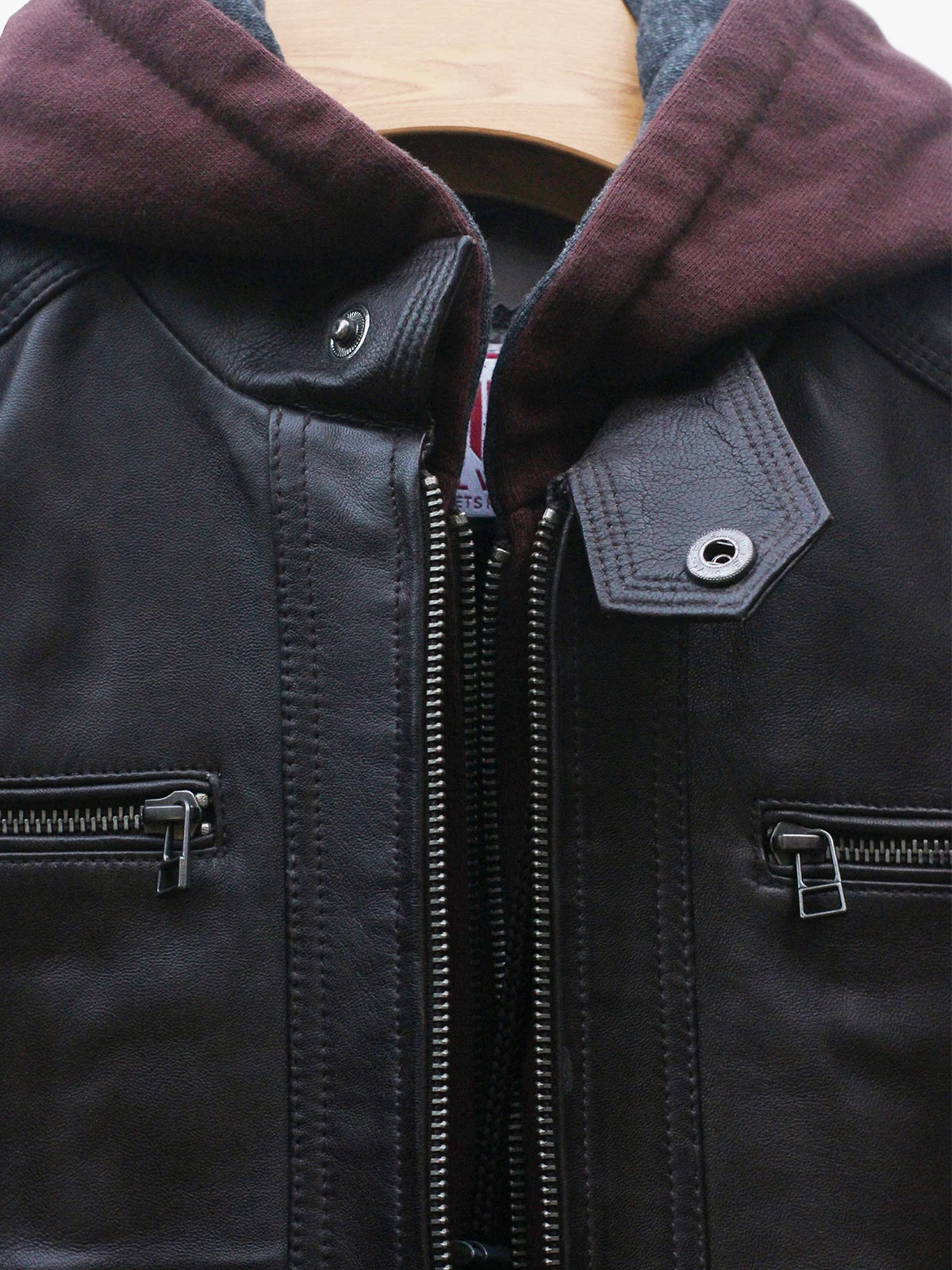 Mens Dark Brown Removable Hood Leather Biker Jacket