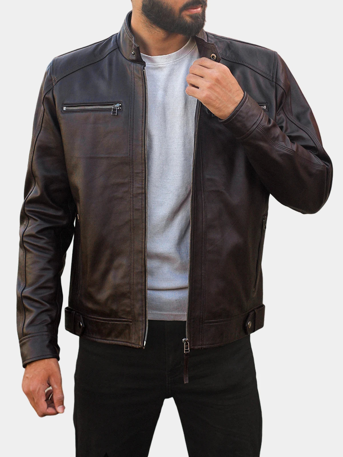 Mens Dark Brown Removable Hood Leather Motorcycle Jacket