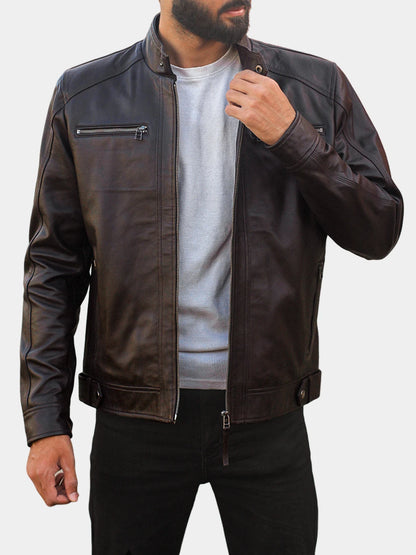 Mens Dark Brown Removable Hood Leather Motorcycle Jacket