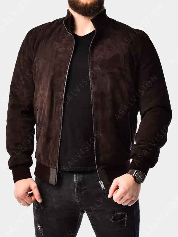 Mens Dark Brown Suede Leather Bomber Jacket