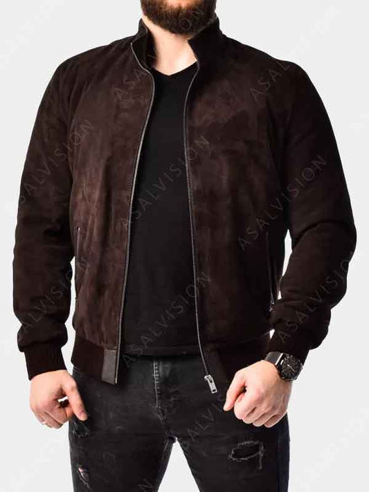 Mens Dark Brown Suede Leather Bomber Jacket
