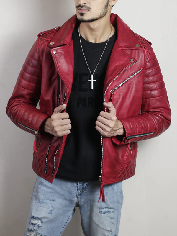 Mens Dark Red Leather Biker Jacket