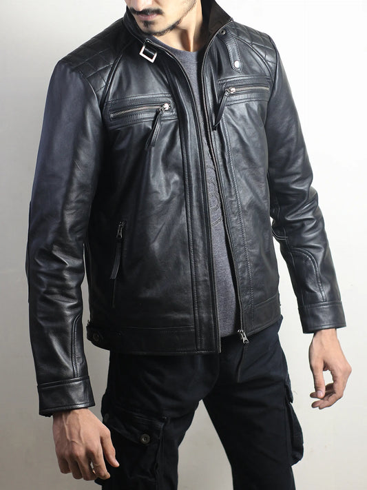 Men's Diamond Classic Leather Jacket With Hood