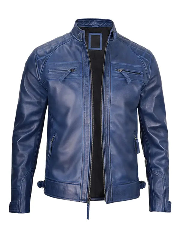 Men's Diamond Quilted Blue Biker Racer Leather Jacket