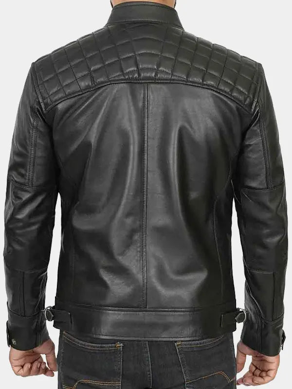 Mens Diamond Quilted Cafe Racer Biker Leather Jacket