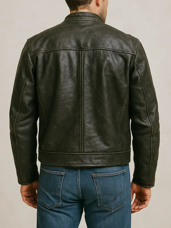 Men's Distressed Vintage Black Cafe Racer Lambskin Leather Jacket