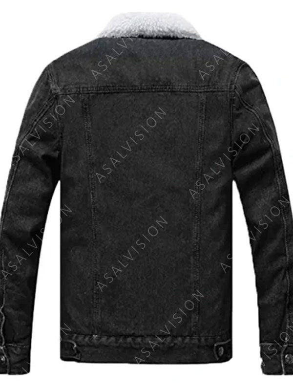 Mens Fitted Style Black Sherpa Lined Denim Jacket