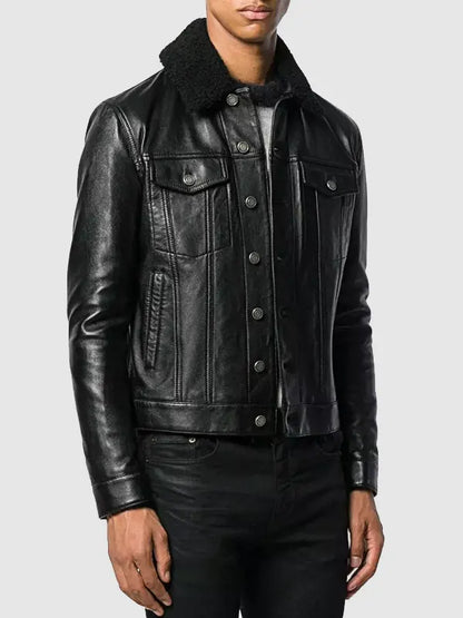 Men's Fur Collar Trucker Leather Jacket