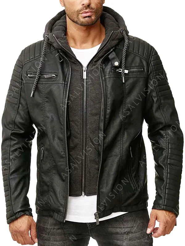 Mens Gillian Black Biker Cafe Racer Motorcycle Padded Hooded Leather Fashion Jacket