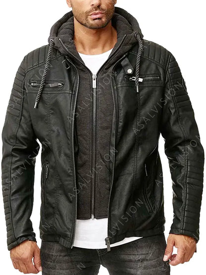 Mens Gillian Black Biker Cafe Racer Motorcycle Padded Hooded Leather Fashion Jacket