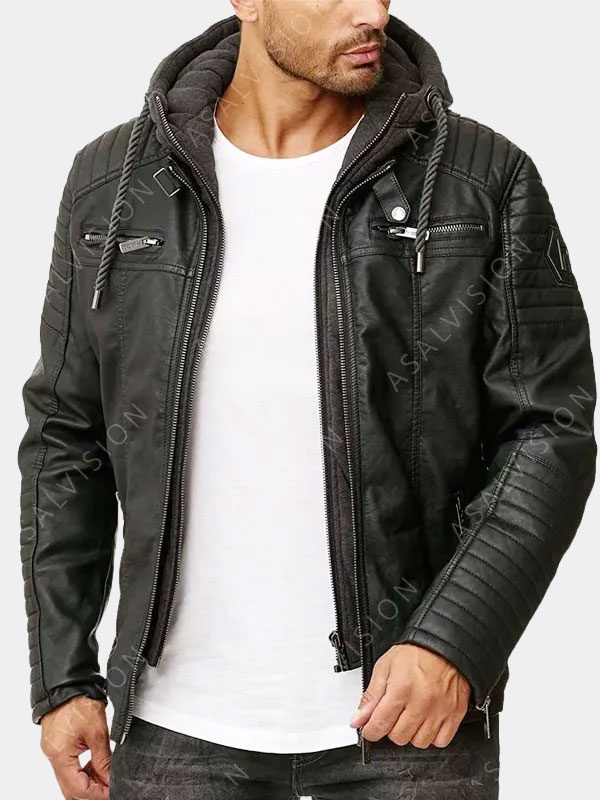 Mens Gillian Hooded Black Biker Padded Leather Jacket