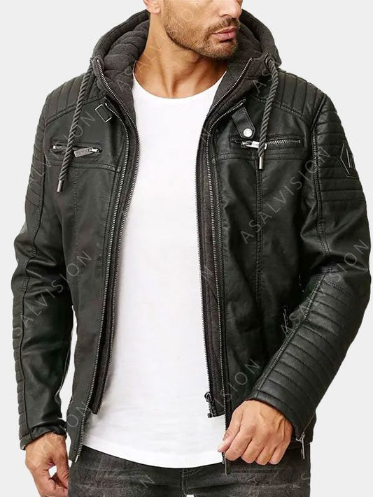 Mens Gillian Hooded Black Biker Padded Leather Jacket