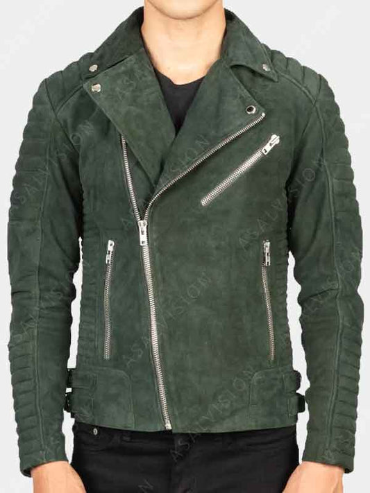 Mens Green Suede Biker Jacket
