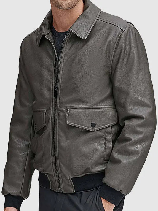 Mens Grey Bomber Leather Jacket