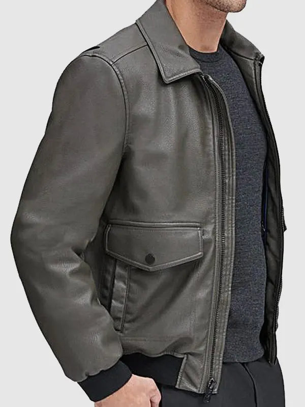 Mens Grey Bomber Real Leather Jacket