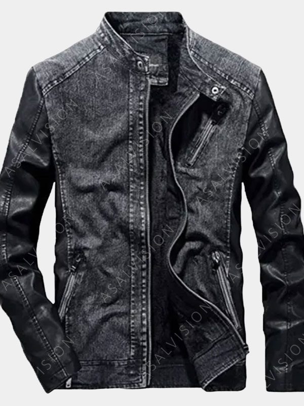 Mens Grey Denim With Leather Sleeves Jacket