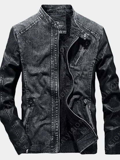Mens Grey Denim With Leather Sleeves Jacket