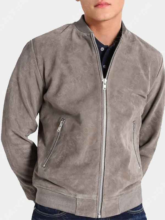 Mens Grey Suede Leather Bomber Jacket