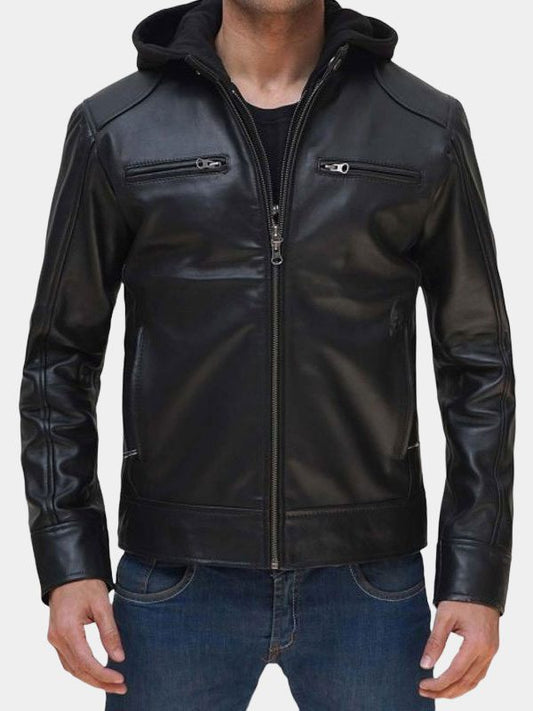 Men's Hot Black Leather Jacket With Hood