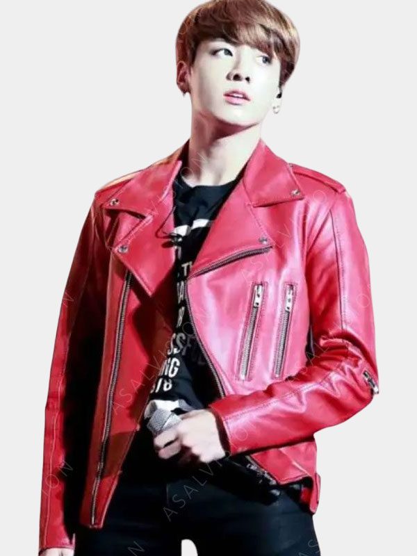 Mens Joe Jungkook Red Biker Leather Jacket
