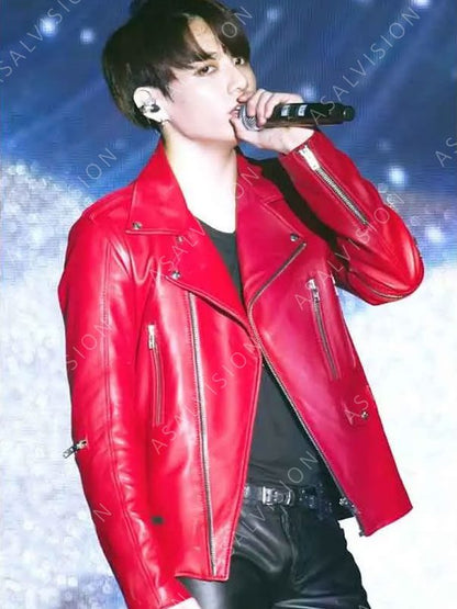 Mens Joe Jungkook Red Biker Leather Jacket