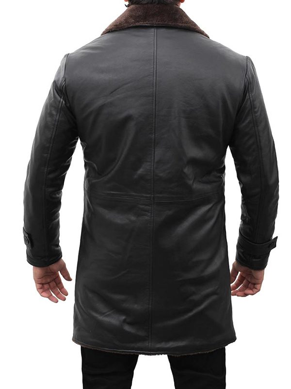 Mens Leather Shearling Black Coat Back