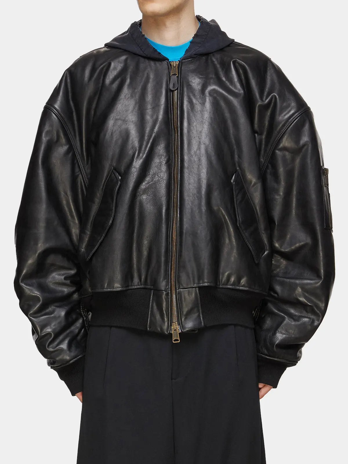 Men's MA-1 Oversized Leather Black Bomber Jacket With Hood