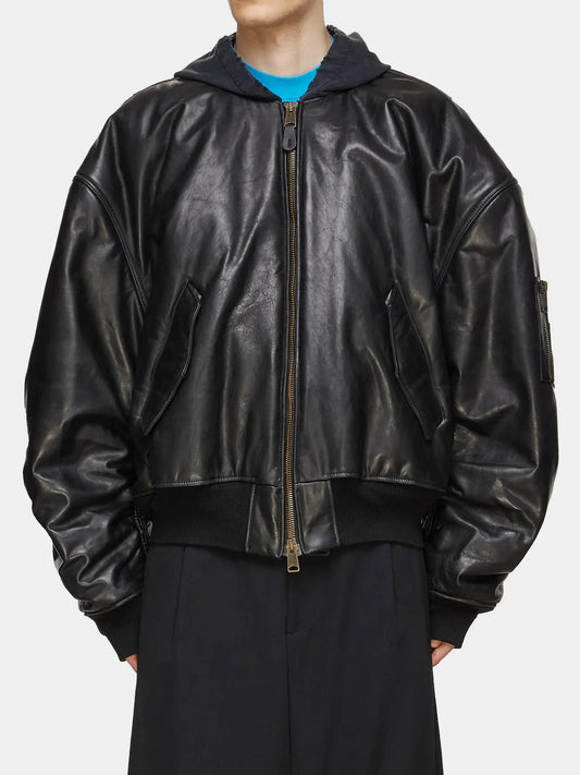 Men's MA-1 Oversized Leather Black Bomber Jacket With Hood
