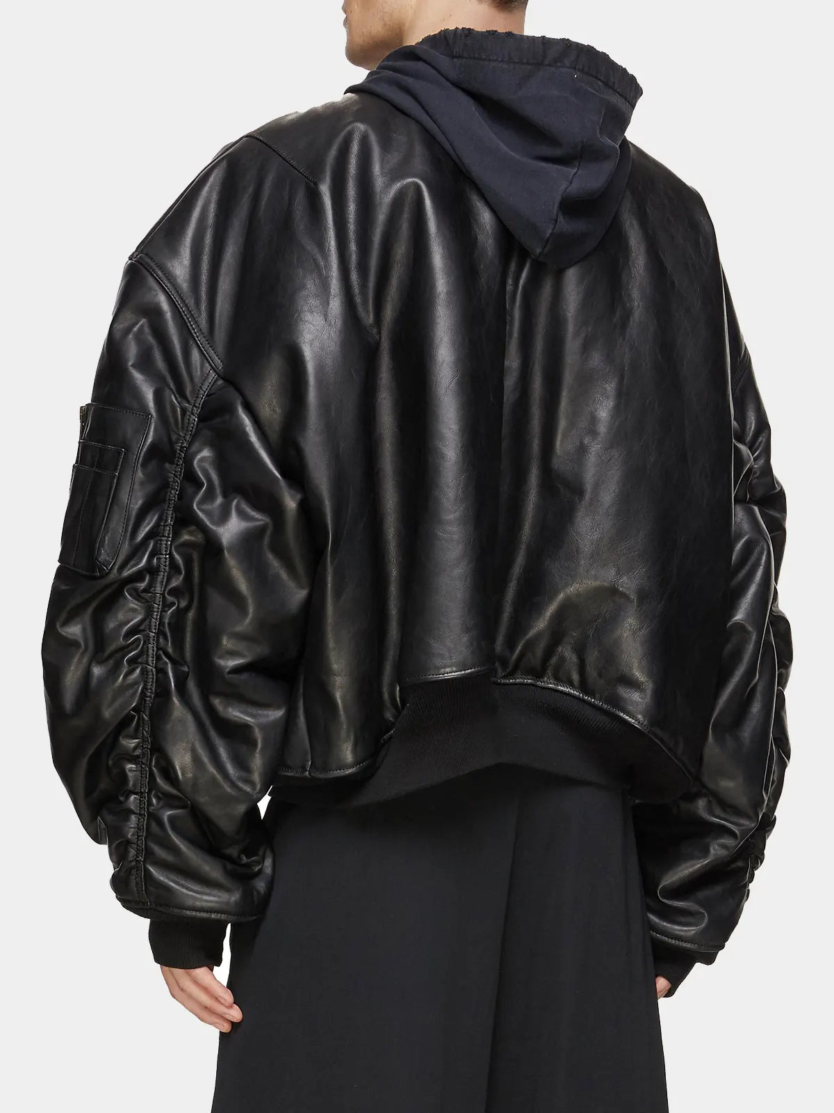 Men's MA-1 Oversized Leather Black Bomber Jacket With Removable Hood