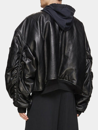 Men's MA-1 Oversized Leather Black Bomber Jacket With Removable Hood