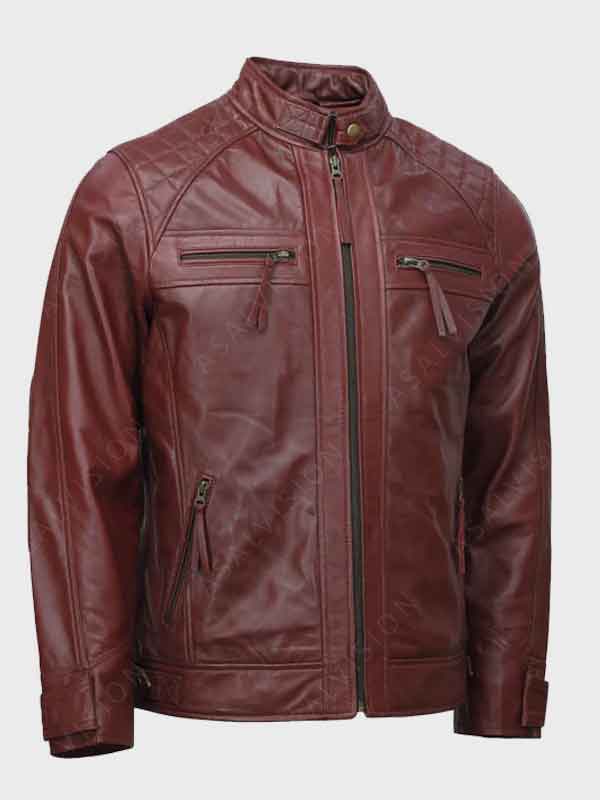 Men’s Maroon Cafe Racer Moto Quilted Leather Jacket