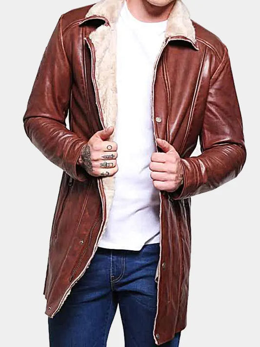 Men's Mid-Length Brown Shearling Leather Coat