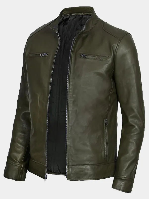 Men's Military Green Cafe Racer Leather Jacket