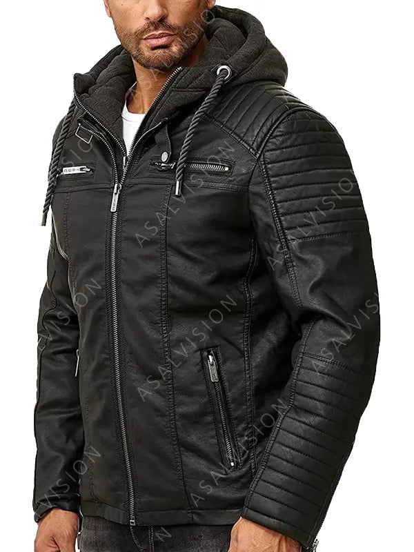 Mens Motorcycle Padded Hooded Leather Fashion Jacket