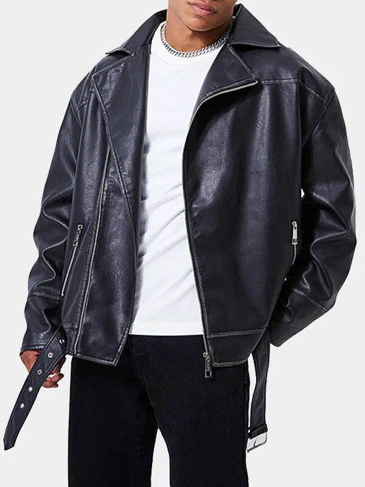 Men's Oversized Black Biker Leather Jacket