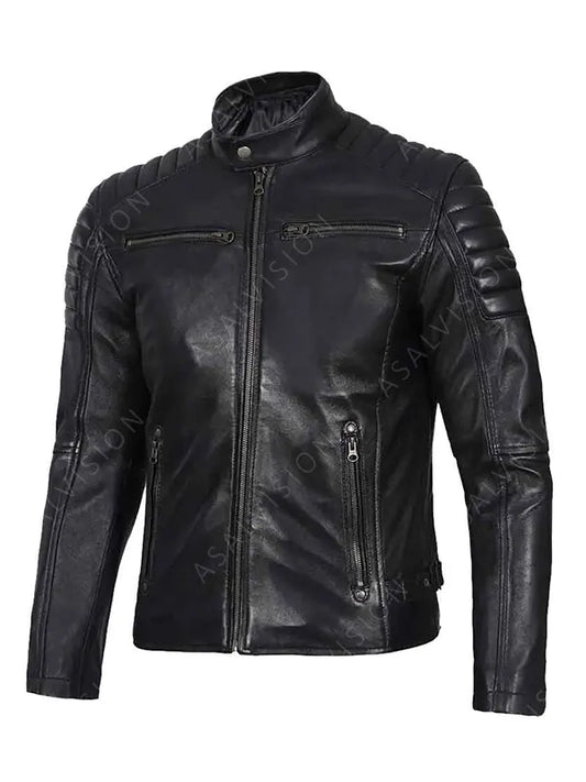 Mens Padded Black Cafe Racer Leather Jacket