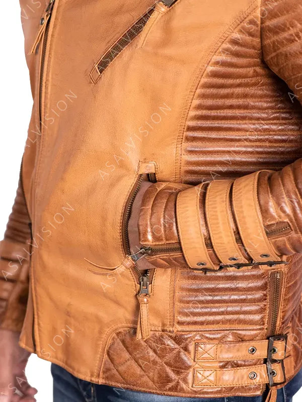Mens Padded Tan Brown Biker Motorcycle Leather Fashion Jacket 