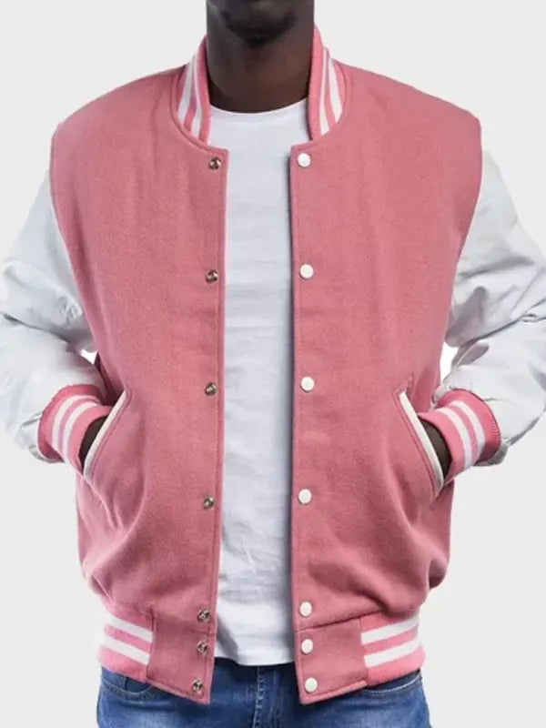 Men's Pink And White Varsity Jacket