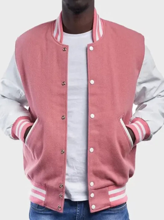 Men's Pink And White Varsity Jacket
