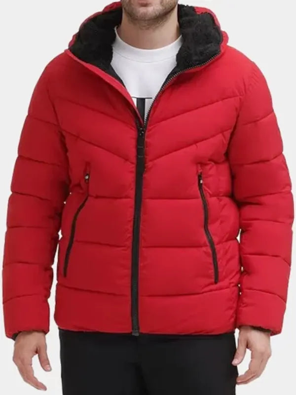 Men's Puffer Red Jacket With Sherpa Hood