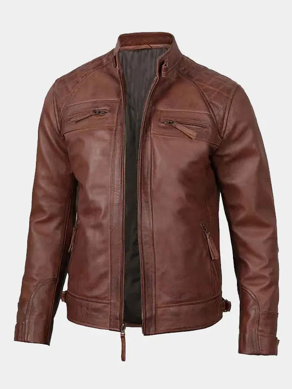 Mens Quilted Cafe Racer Biker Leather Jacket