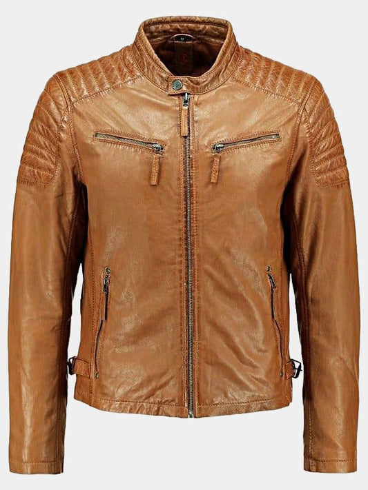 Mens Quilted Leather Cafe Racer Biker Jacket Tan Brown