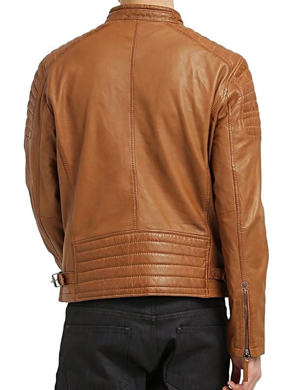 Mens Quilted Leather Cafe Racer Biker Jacket Tan Brown Back