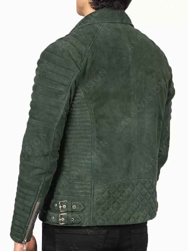 Mens Quilted Motorcycle Green Suede Leather Biker Jacket